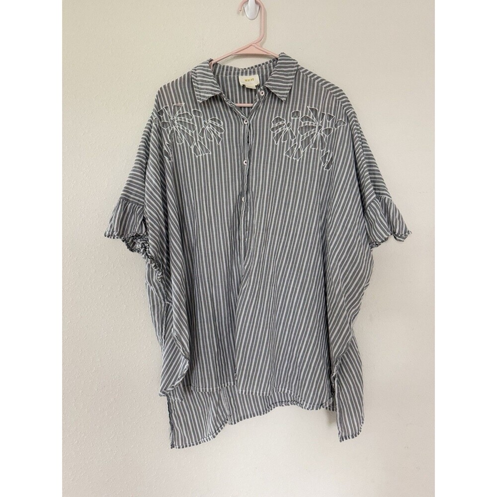 Maeve Oversized Button Down Boxy Ruffle Embroidered Top XS/S Beach Resort Chic